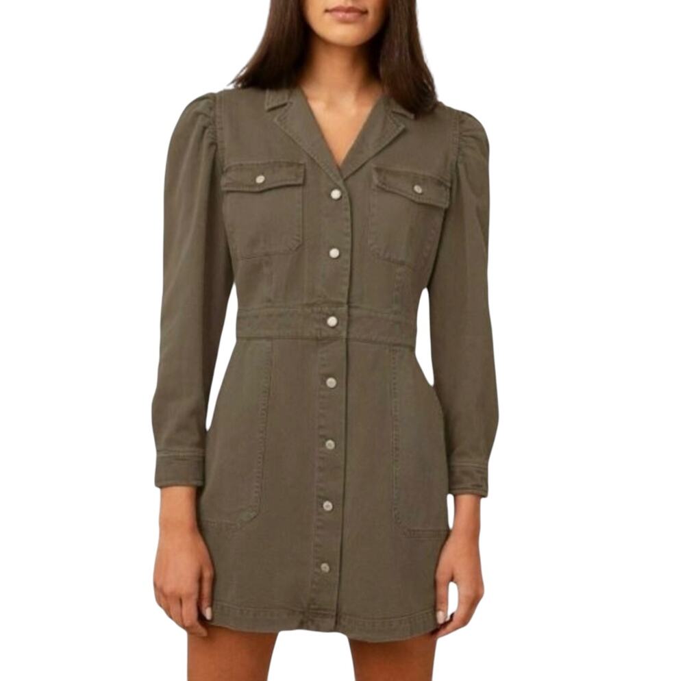 Rails Lisette Dress XS Moss Green Utility Button Front Puff Sleeve Cotton Rayon